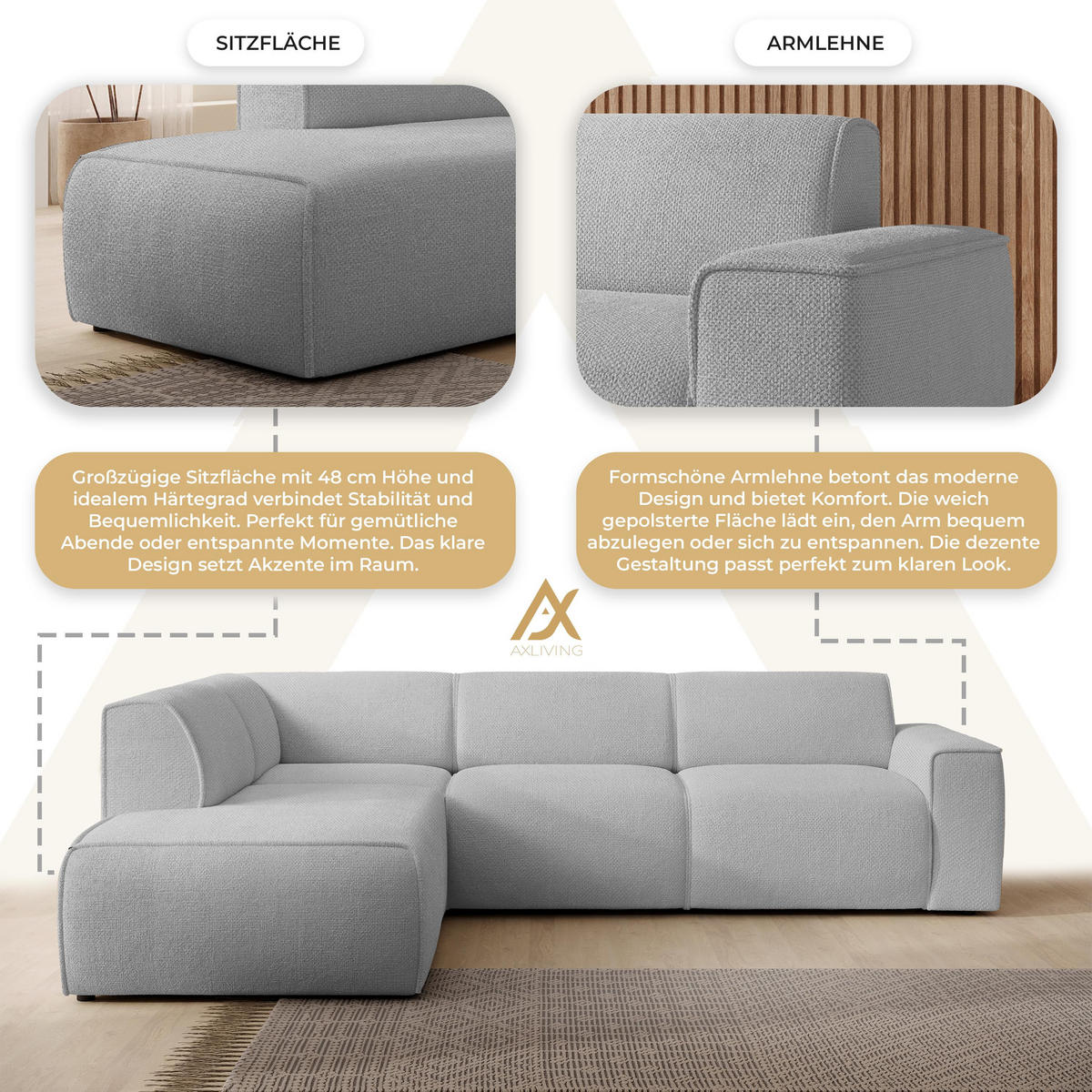 ECKSOFA L Form Didim Hellgrau 292/220/78 cm – großes Sofa stilvoll & bequem L - Hellgrau/Schwarz, Kunststoff/Textil (220/292cm) - AX Living