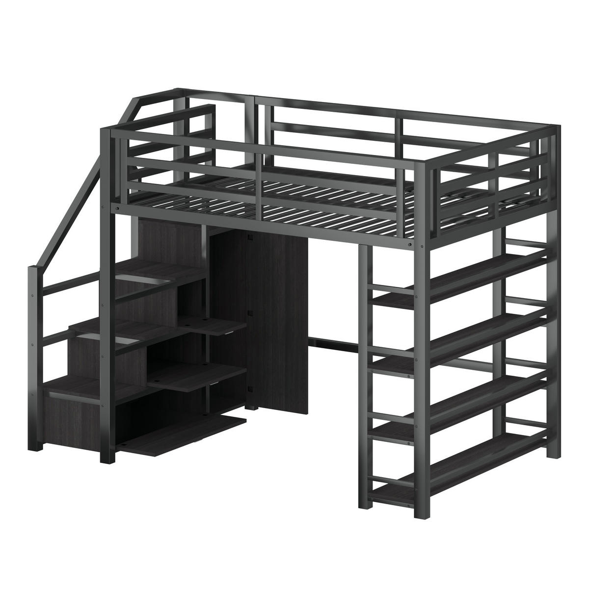 HOCHBETT 140/200 cm aus Metall und MDF mit Kleiderschrank, Stauraumtreppe und LED-Beleuchtung Schwarz - Schwarz, Holzwerkstoff (140/200cm) - Modenvie