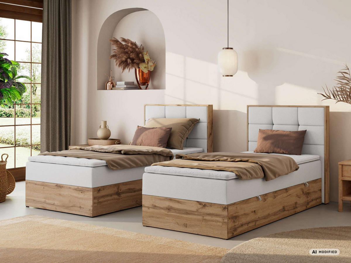 BOXBETT ALBERO 1 90/200 - Weiß Kunstleder - Topper Visco - H3 - Rechts - Schwarz/Weiß, Kunststoff/Textil (90/200cm) - MKS