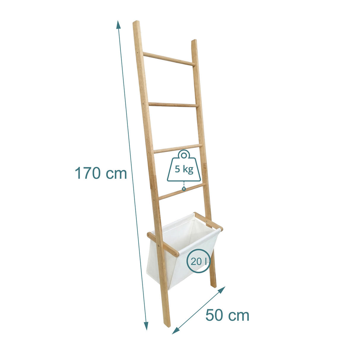 LESTEV Naravna bež za brisače s košem za perilo orehov les 4 prečke 170 cm - svetlo rjava, tekstil/les (50/170/21cm) - Relaxdays