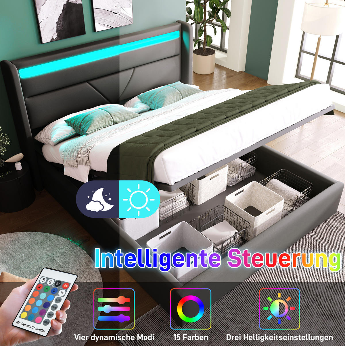 POLSTERBETT 140/200 cm Grau aus PU mit LED-Beleuchtung - Grau, Kunststoff (140/200cm) - OKMYHOME