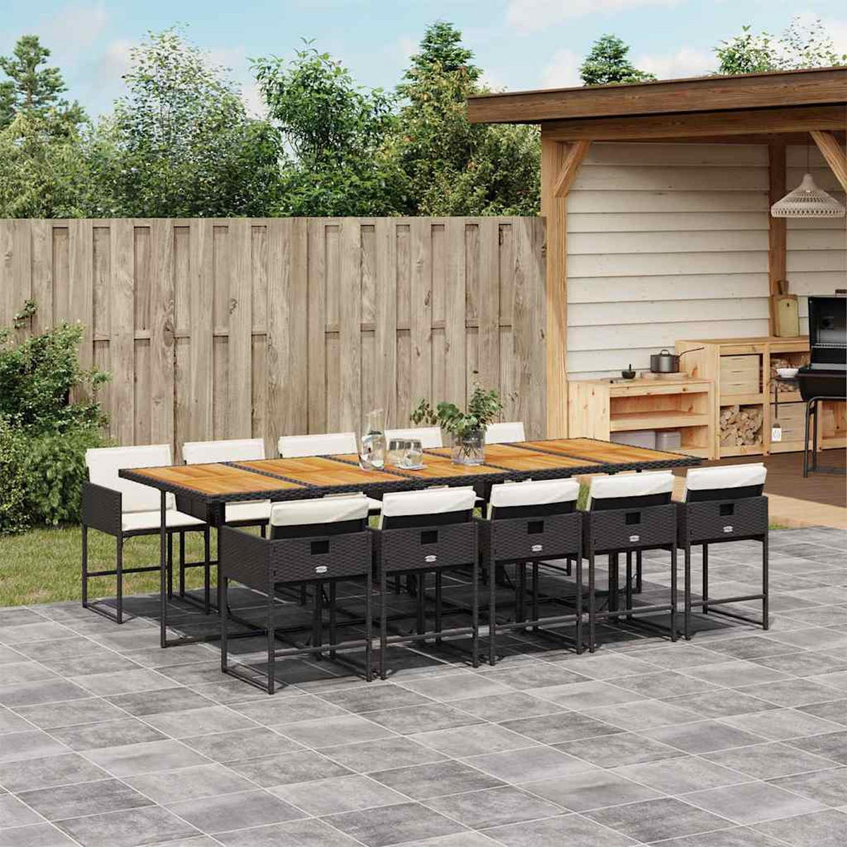 GARTEN-ESSGRUPPE 11-TLG. Mit Kissen Schwarz Poly Rattan - Creme/Schwarz, Kunststoff - vidaXL