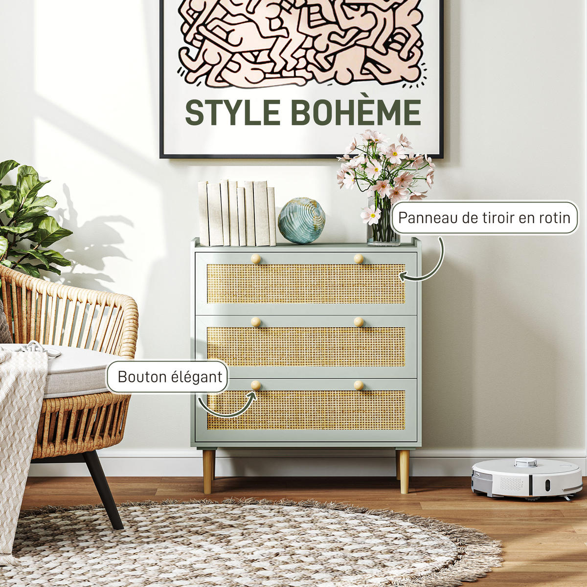 KOMOODE DE-12868 3 Schubladen mit Rattan Olivgrün - Grün, Holzwerkstoff (80/87.5/40cm) - ComfortXL