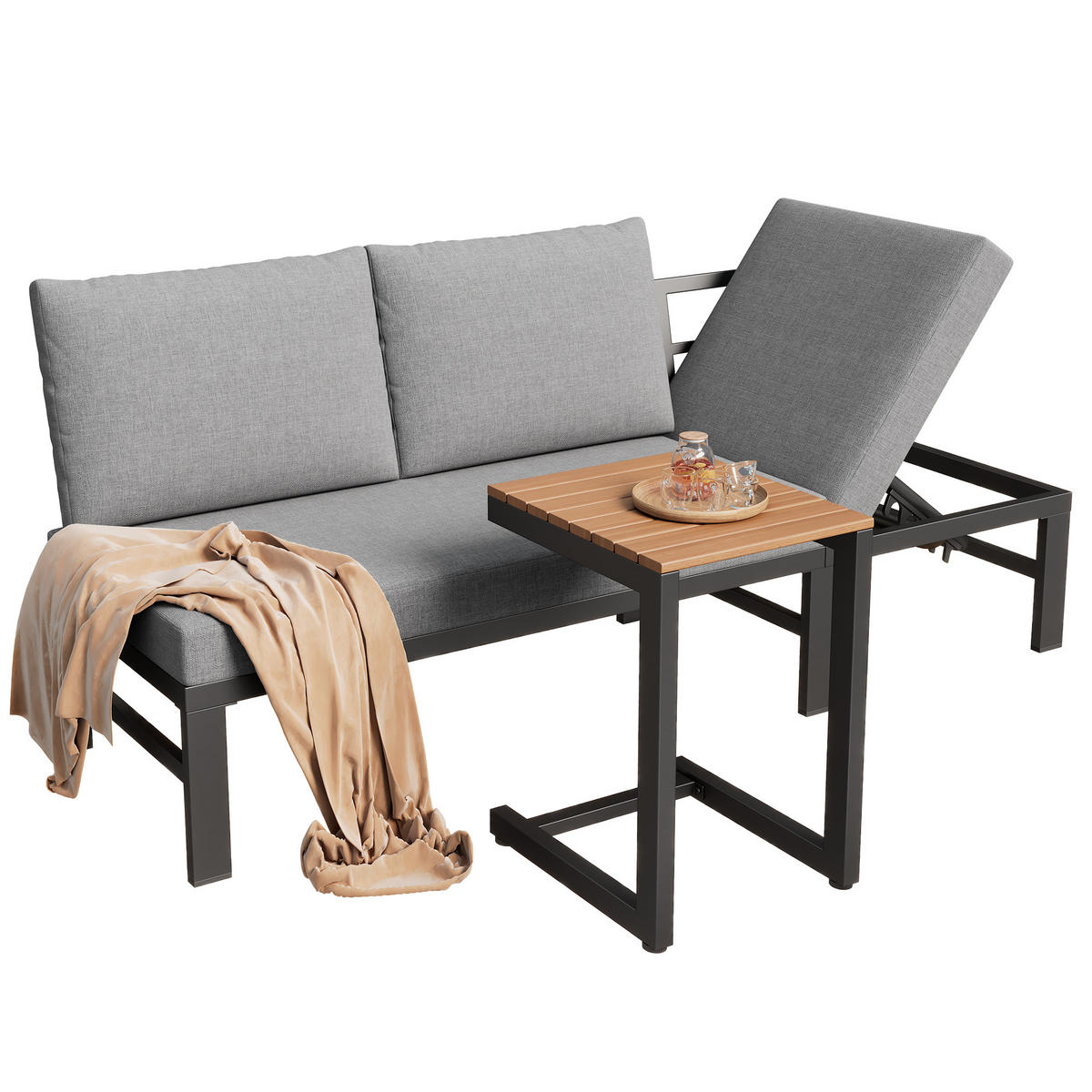 GARTENMÖBEL-SET 3-Sitzer Sofa Verstellbar Tisch Stahl Grau - Grau, Textil - FLIEKS