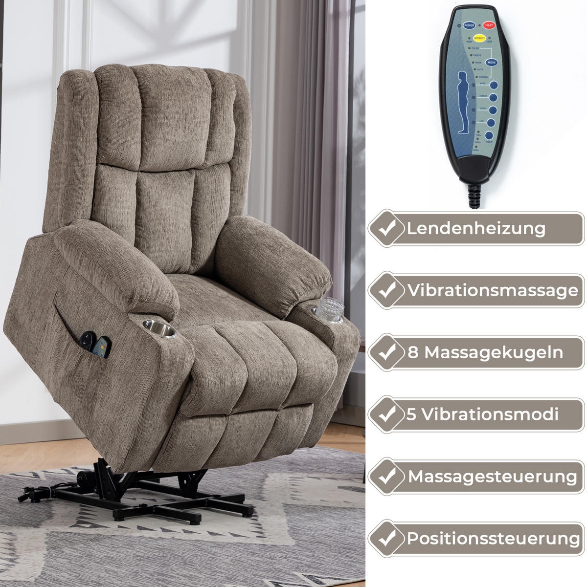 RELAXSESSEL Samt mit Aufstehhilfe, Massage, Wärmefunktion 91/84/106 cm Hellbraun - Hellbraun, Textil (84/106/91cm) - Redom