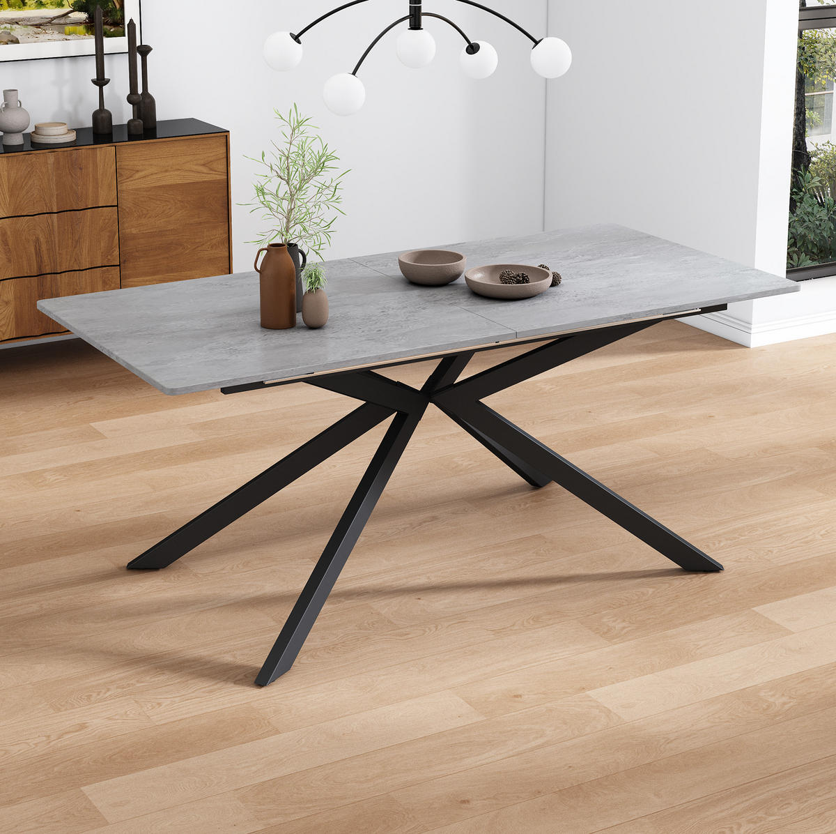 ESSTISCH aus MDF und Metall 150/180x70x76 cm Schwarz und Grau erweiterbar mit Kreuzbeingestell und Zementmuster - Grau, Holzwerkstoff (180/70/75.5cm) - Modfu