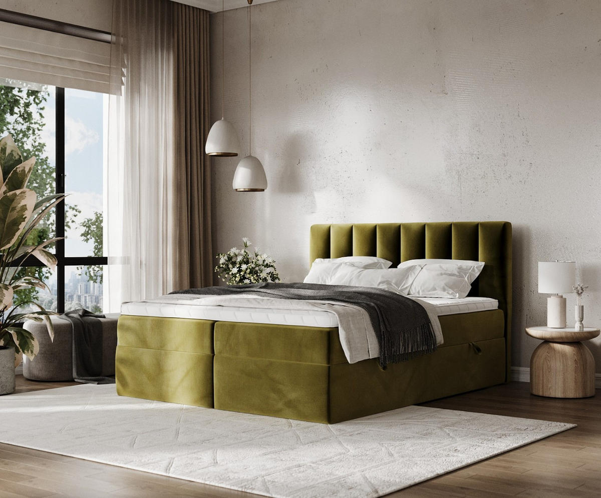 BOXBETT Bari 160/200 cm Olivgrün im Kronos Stoff - Olivgrün, Holz/Holzwerkstoff (160/200cm) - AltaBeds