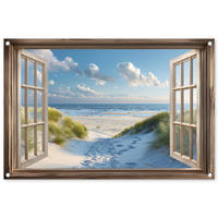 ZAHRADNÍ PLAKÁT Pohled - Pláž - Okno - Duny - Moře 90x60 cm - světle modrá, plast (90/60/0.2cm) - OnlyWow