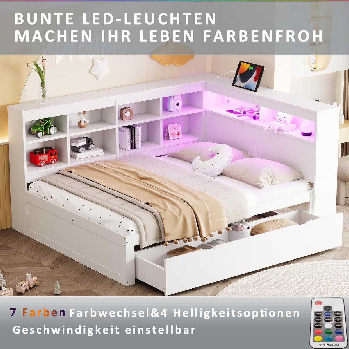 KREVET 140/200 cm s USB priključkom, LED osvjetljenjem i velikim spremištem, Bijela - bijela, drvni materijal (140/200cm) - Redom