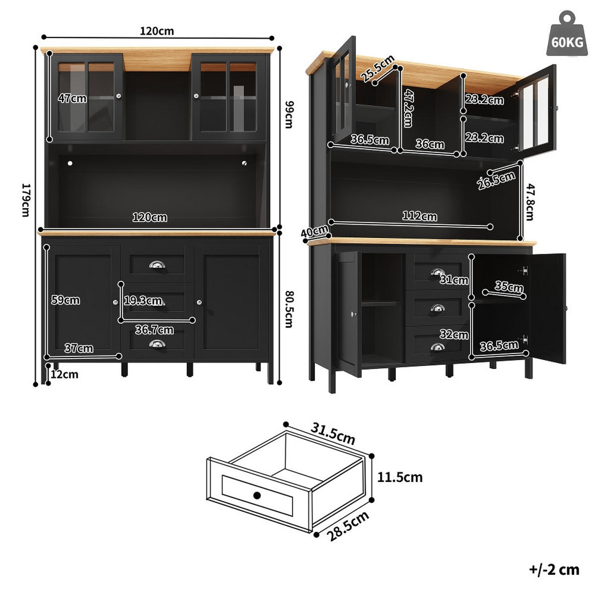 KÜCHENSCHRANK, MIT LED-BELEUCHTUNG, 4 Türen, 3 Schubladen, MDF/Metall, Schwarz-Weiß, Küche/Wohnzimmer, 120/40/179 cm - Schwarz, Kunststoff (40/179/120cm) - Rolipo