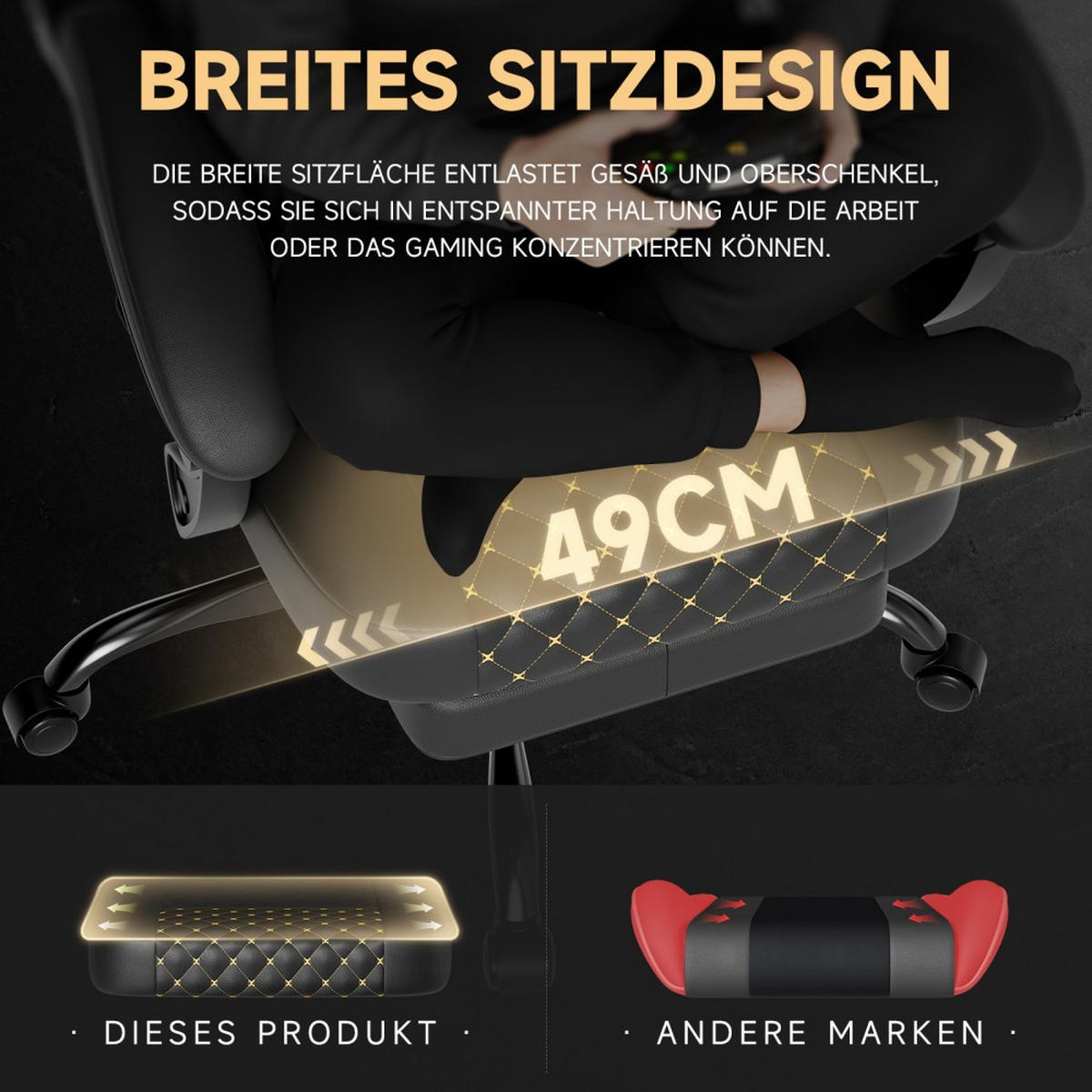 GAMINGSTUHL Bürostuhl Massage Fußstütze ergonomisch 150 kg Schwarz - Schwarz, Leder (63/120.5/58.5cm)