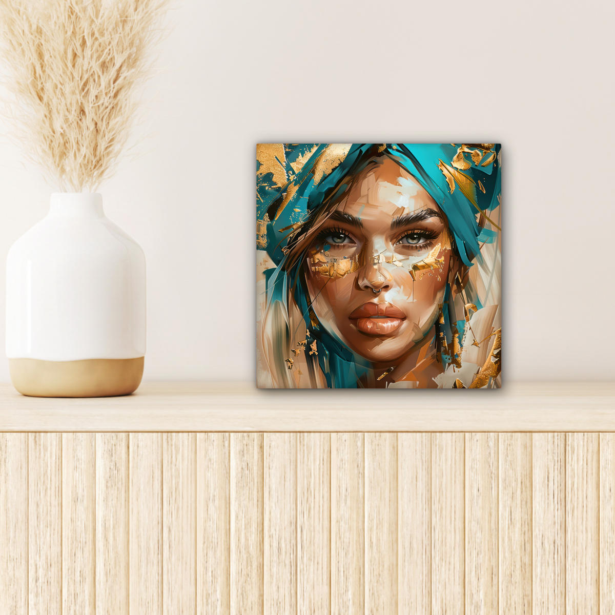OBRAZ NA PLÁTNE Žena - Portrét - Zlato - Luxus - Modrá 20x20 cm - tyrkysová, textil (20/20cm) - MuchoWow
