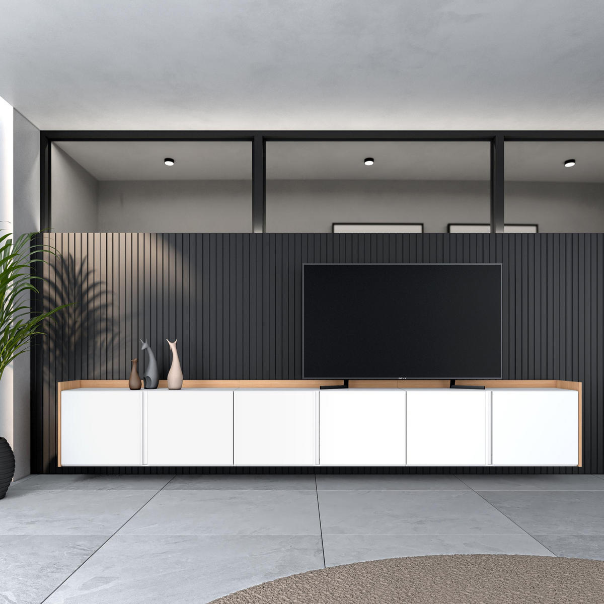 LOWBOARD, Weiß und Eiche, 309/35/50cm, Hängend - Weiß, Holzwerkstoff (309/50/35cm) - Skraut Home