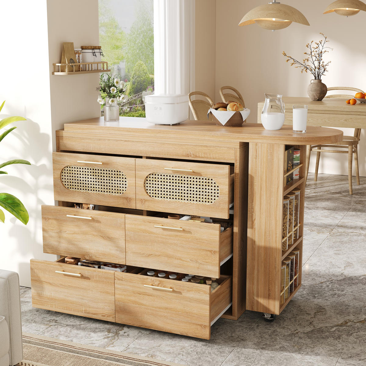 BARTISCH 128-203/39/90 cm in Natur mit 360° Drehfunktion & 6 Schubladen - Naturfarben, Holzwerkstoff (39/203/90cm) - BEAOK