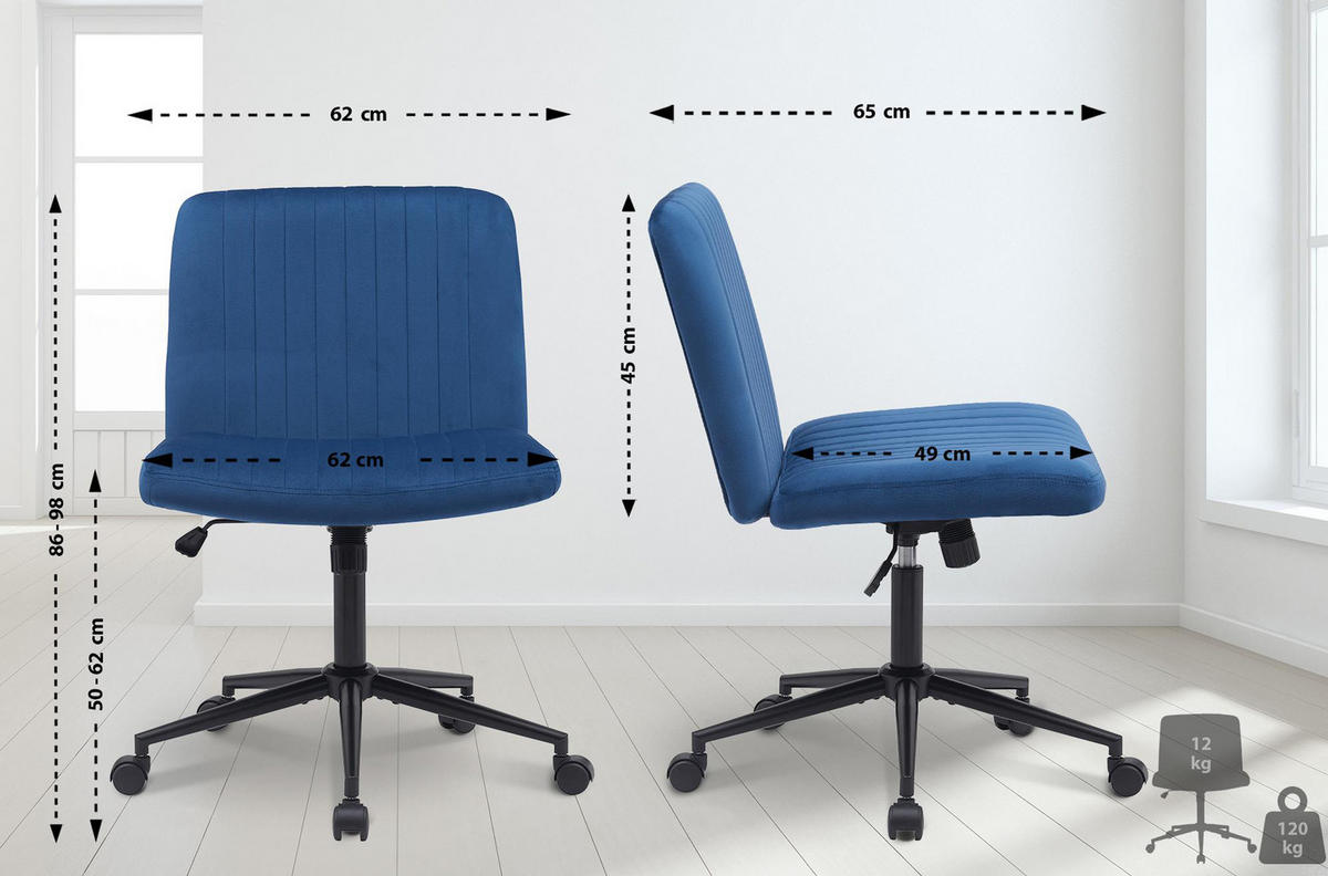 BÜROSTUHL Lynox Samt blau - Blau/Schwarz, Metall (62/98/65cm) - TPFLiving