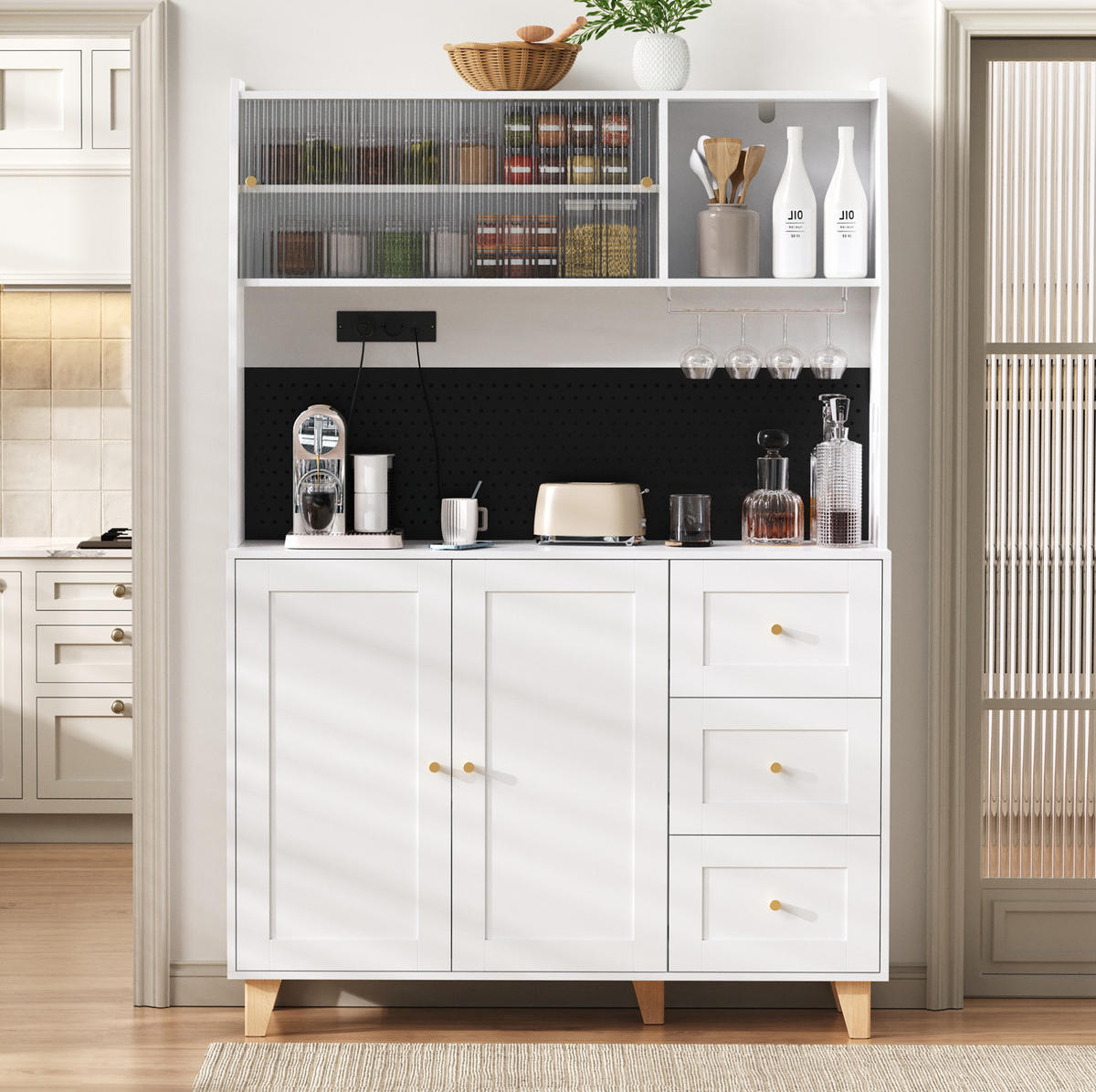 VISOKI element, 120/40/184 cm, MDF bijeli, s ladicama i utičnicama USB/USB-C - bijela, drvni materijal (120/184/40cm) - BEAOK