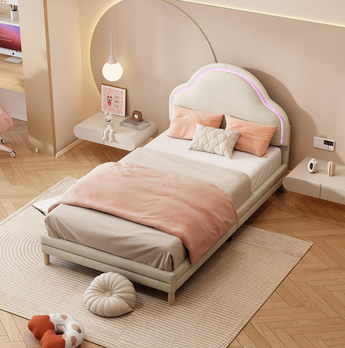 POLSTERBETT 90/200 cm Beige aus Samt mit LED-Streifen - Beige, Textil (90/200cm) - OKMYHOME