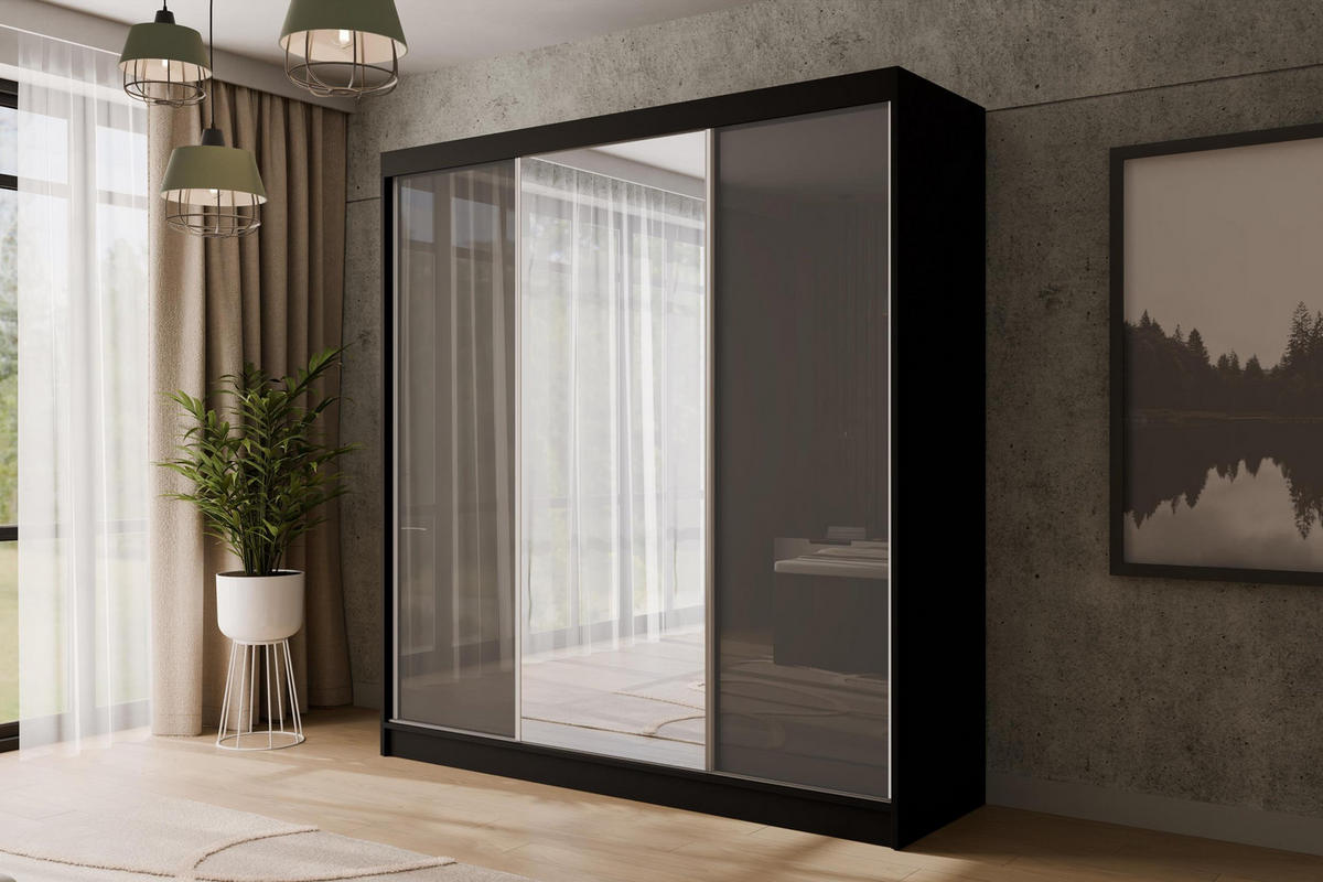 KLEIDERSCHRANK mit Spiegel V2-VITA 215x200 cm - Schwarz|Grau - Schwarz/Grau, Holzwerkstoff (200/215/61cm) - ALTDECOR