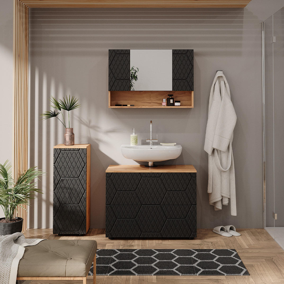 BADMÖBEL-SET Irma Anthrazit gestreift 3 Teile - Honigeiche/Anthrazit, Holzwerkstoff (80/58.6/41cm) - Vicco