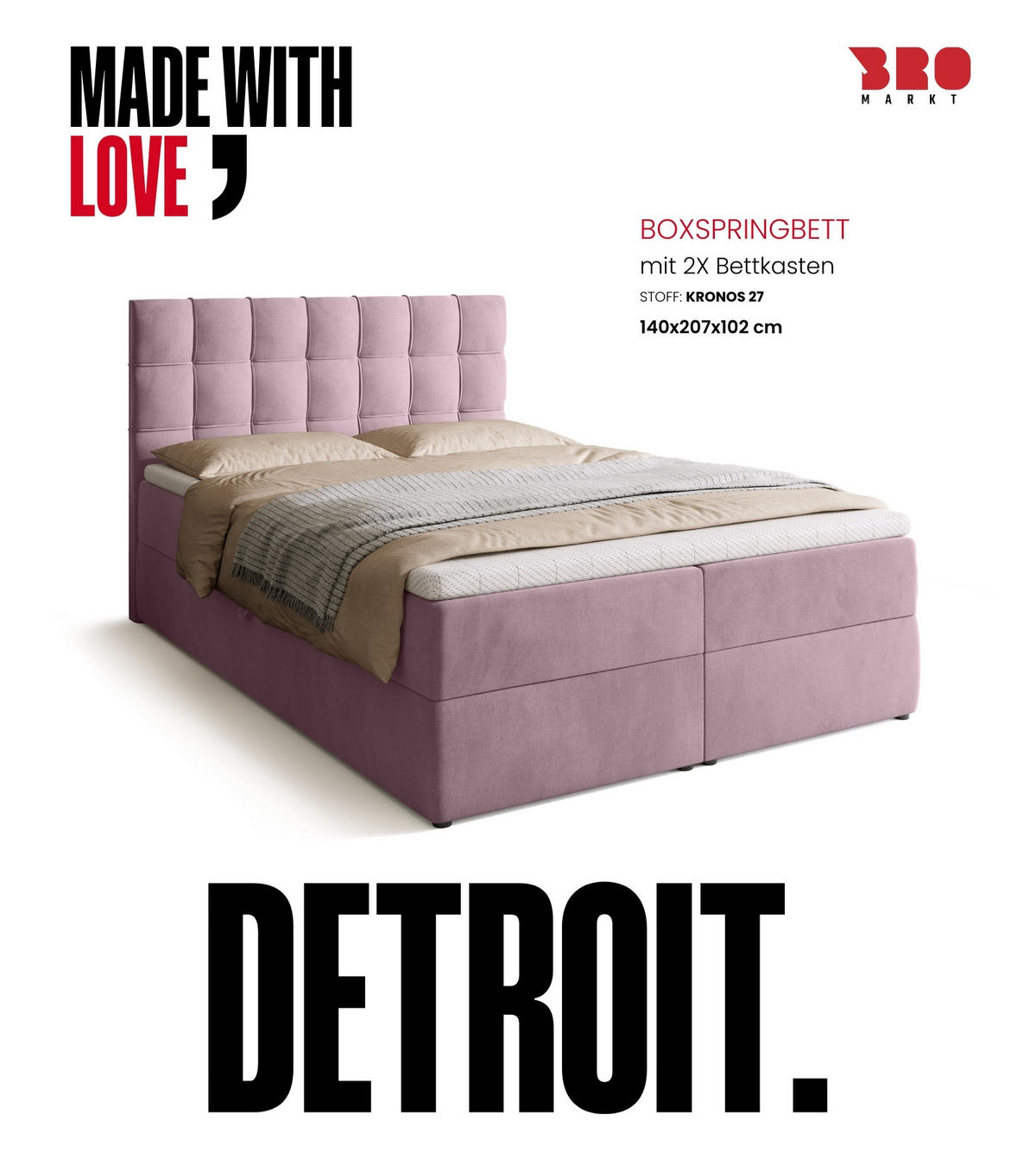 BOXBETT Detroit mit Topper 140/200 Rosa - Rosa, Holzwerkstoff/Textil (140/200cm) - Bromarkt