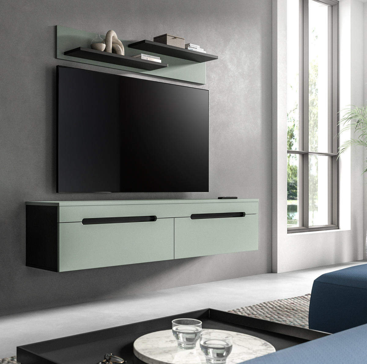 WOHNKOMBINATION Salbei grün, grau, 2er Set Lowboard 170 cm und Wandboard - Salbeigrün/Schwarz, Holzwerkstoff/Kunststoff (170/180/33cm) - Inn.Furn