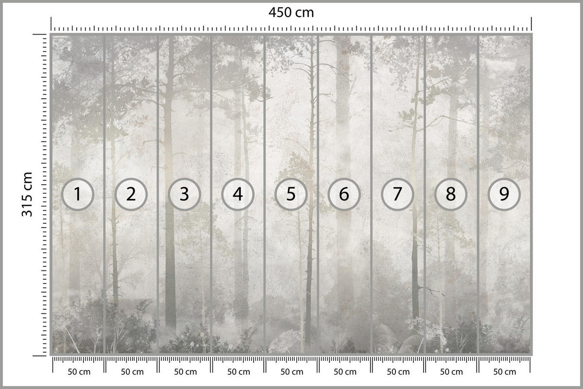 FOTOTAPETE für Wohnzimmer Nebliger Wald Vintage Bäume 450x315 - Beige/Grau, Papier (450/315cm) - Muralo
