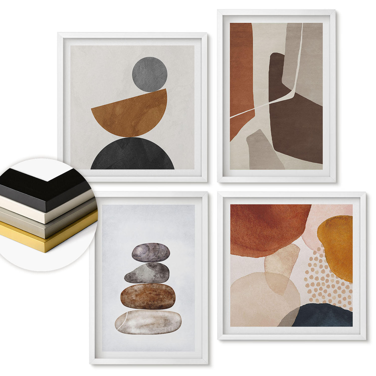 WANDBILDER 4er-Set - 50x50 cm & 40x60 cm Weißer Rahmen - Abstrakte Malerei Dekorationen - Weiß, Kunststoff (50/50cm) - ArtPrintCave