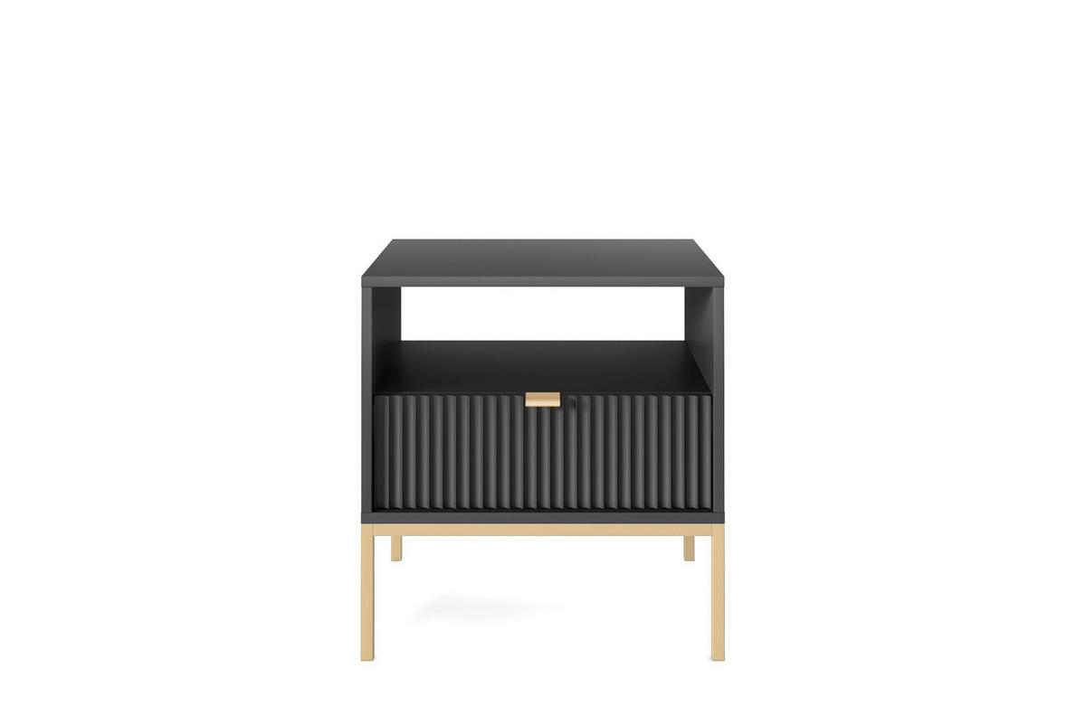 NACHTTISCH Nova - NOC, Geriffelte Front mit Goldenes Griffdesign 54x39x56 cm Schwarz - Goldfarben/Schwarz, Holzwerkstoff/Kunststoff (54/56/39cm) - DomoHome