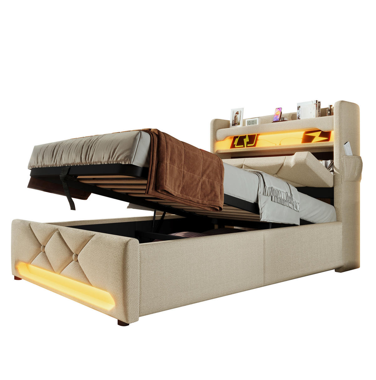 POLSTERBETT mit LED-Beleuchtung 90/200 cm mit Bettkasten und USB-C, Beige - Beige, Textil (90/200cm) - BEAOK