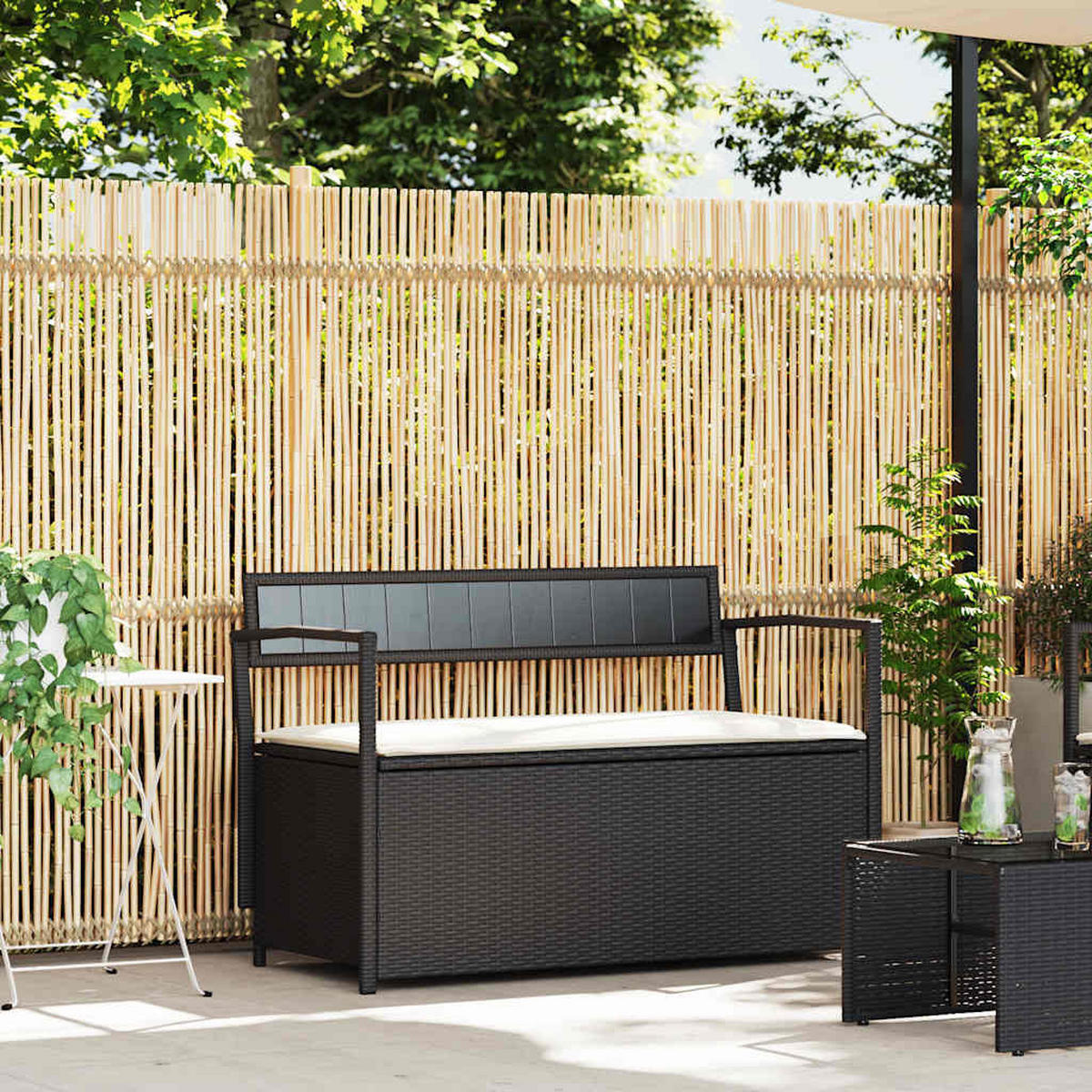 GARTENBANK Mit Stauraum Und Kissen Schwarz Poly Rattan - Schwarz, Kunststoff (54/74/111.5cm) - vidaXL