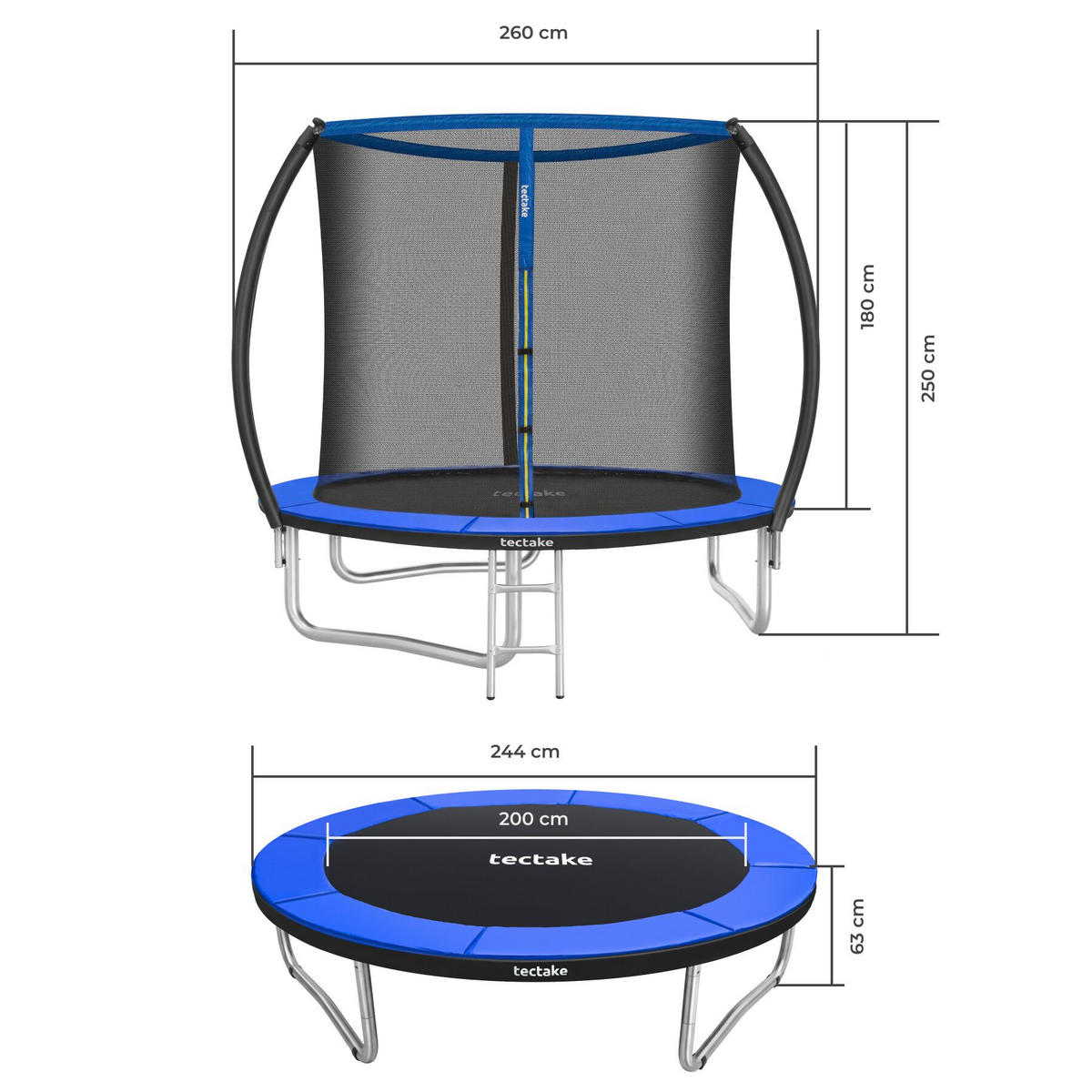 TRAMPOLIN Jumpy, inklusive Einstiegsleiter, schwarz/blau - Blau/Schwarz, Metall (260/250/260cm) - tectake