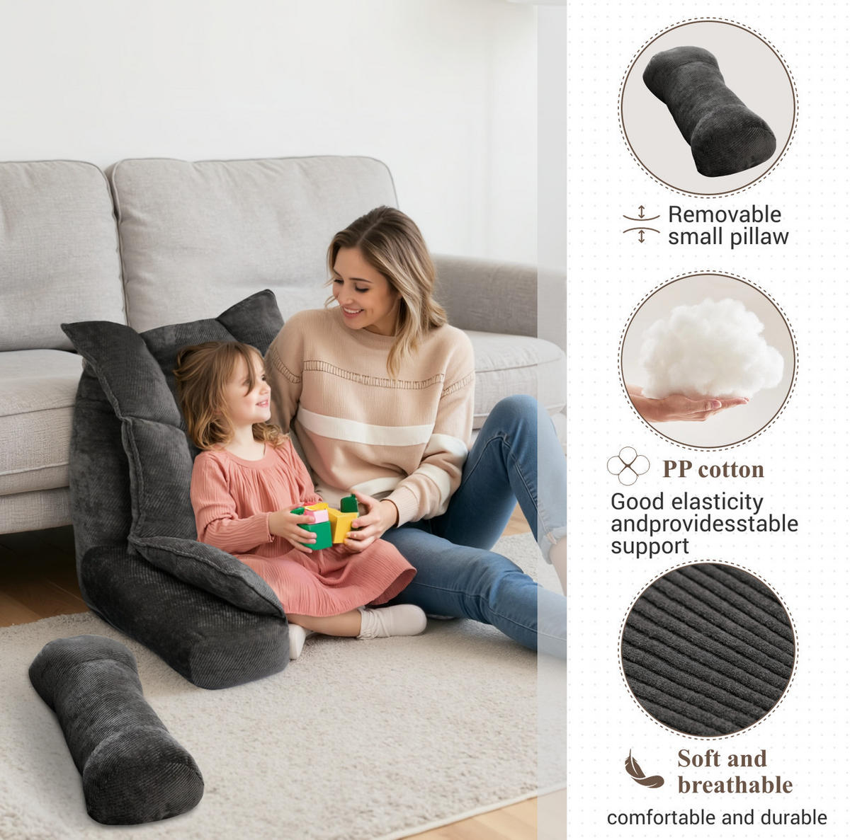 RÜCKENSTÜTZKISSEN Verstellbar Grau - Grau, Textil (92/56cm) - Vercart