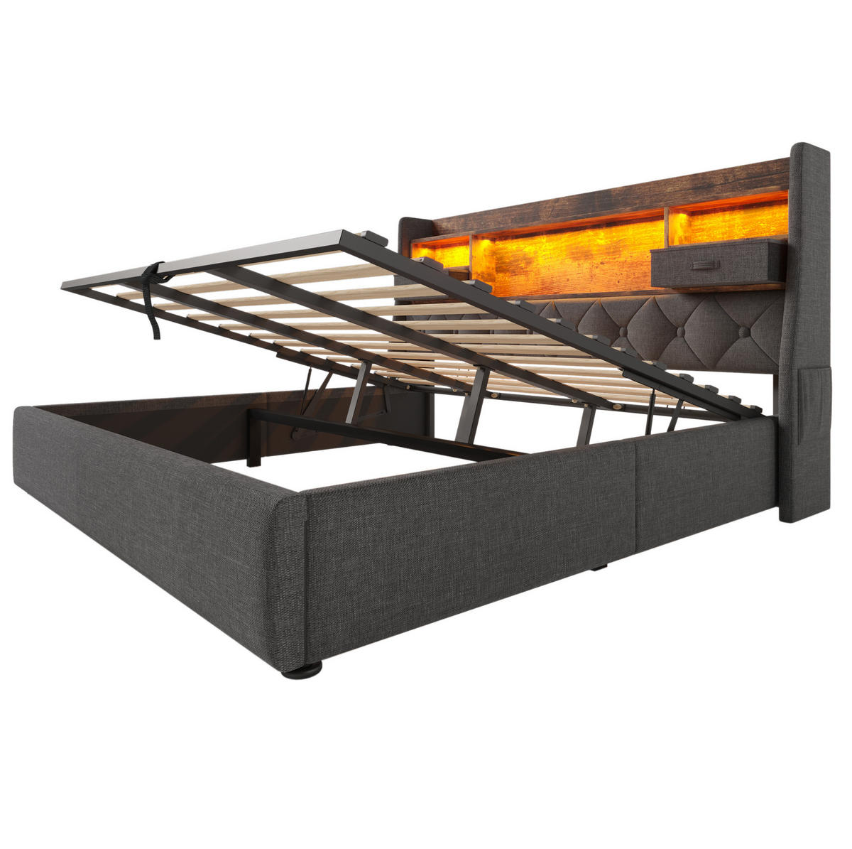 POLSTERBETT mit LED-Beleuchtung 180/200 cm mit Bettkasten & Ladestation - Grau, Textil (180/200cm) - BEAOK