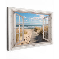 LEINWANDBILD Fenster - Meer - Küste - Natur - Ausblick - Strand - Wattenmeer Wohnzimmer Groß 120x80 cm - Beige, Textil (120/80cm) - MuchoWow