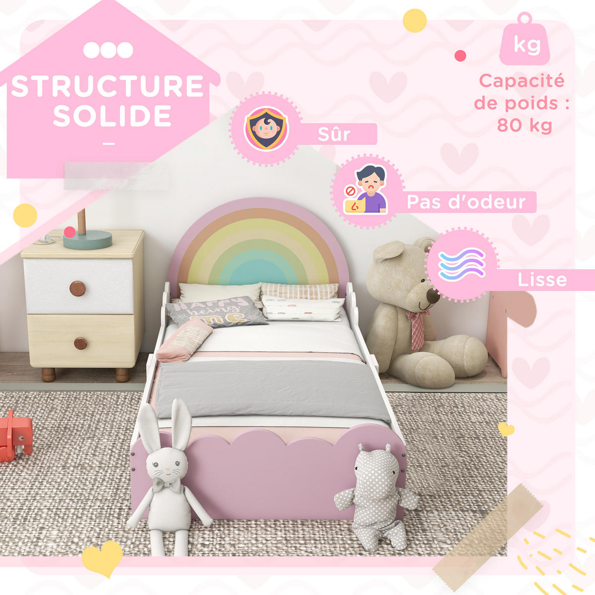 KINDERBETT 140x70 cm DE-14552 mit Regenbogen-Design, inkl. Lattenrost Rosa - Pink, Holzwerkstoff (70/140cm) - ComfortXL