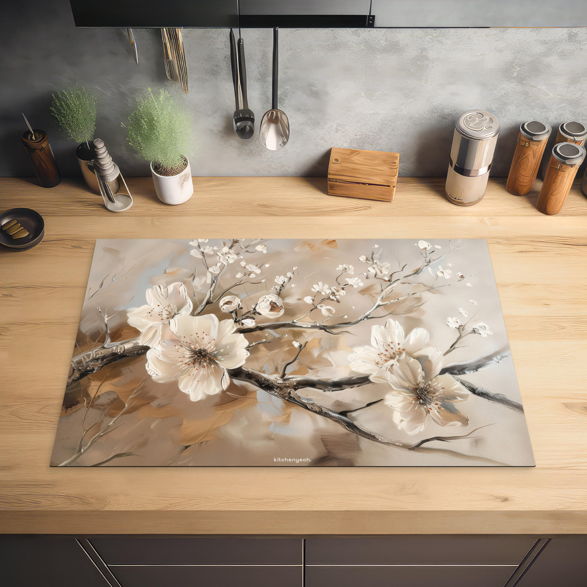 HERDABDECKPLATTE Blumen - Abstrakt - Gemalt - Beige 77x51 cm - Kaschmir, Kunststoff (77/0.2/51cm) - MuchoWow