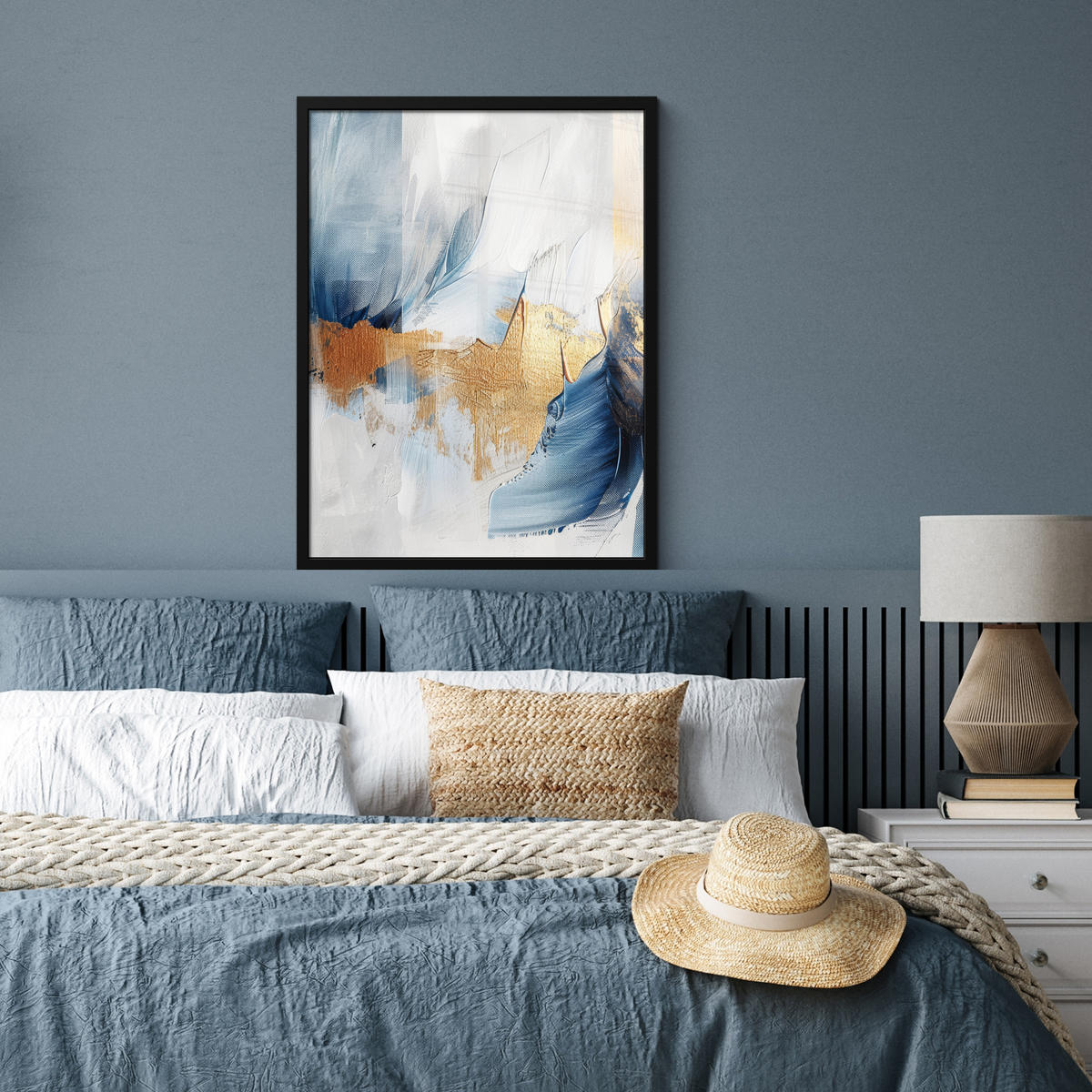 GERAHMTES BILD Gold - Blau - Aquarell - Kunst - Modern 60x80 cm - Hellblau, Papier (60/80cm) - MuchoWow