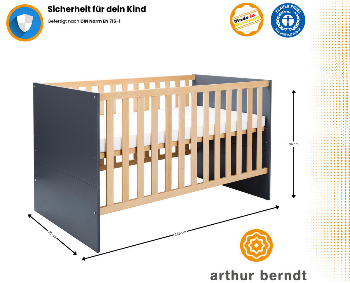 BABYBETT Alessio 70 x 140 cm Anthrazit - Anthrazit/Eiche Artisan, Holz/Holzwerkstoff (70/140cm) - arthur berndt