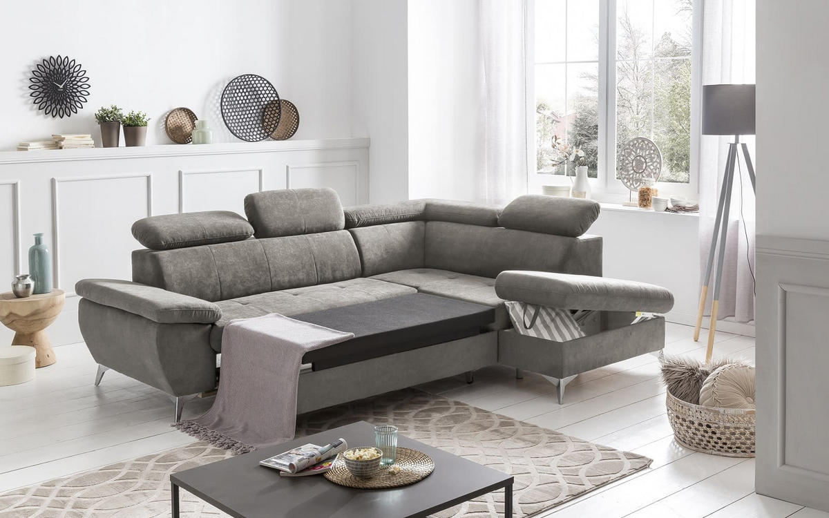 ECKSOFA mit Schlaffunktion und praktischem Bettkasten - Chromfarben/Grau, Textil/Metall (209/256cm) - Cotta