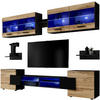 WOHNZIMMERSET Foggia, 6er-Set, Schwarz, Front Eiche Wotan, LED Blau - Eiche Wotan/Schwarz, Glas/Holzwerkstoff (230/190/45cm) - Komodee