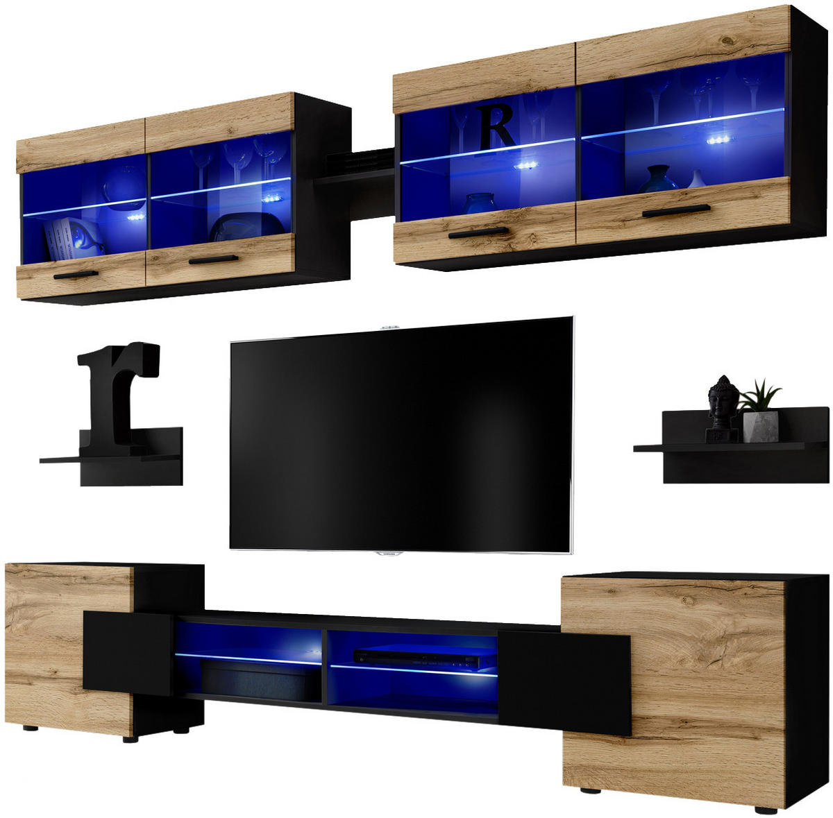 WOHNZIMMERSET Foggia, 6er-Set, Schwarz, Front Eiche Wotan, LED Blau - Eiche Wotan/Schwarz, Glas/Holzwerkstoff (230/190/45cm) - Komodee