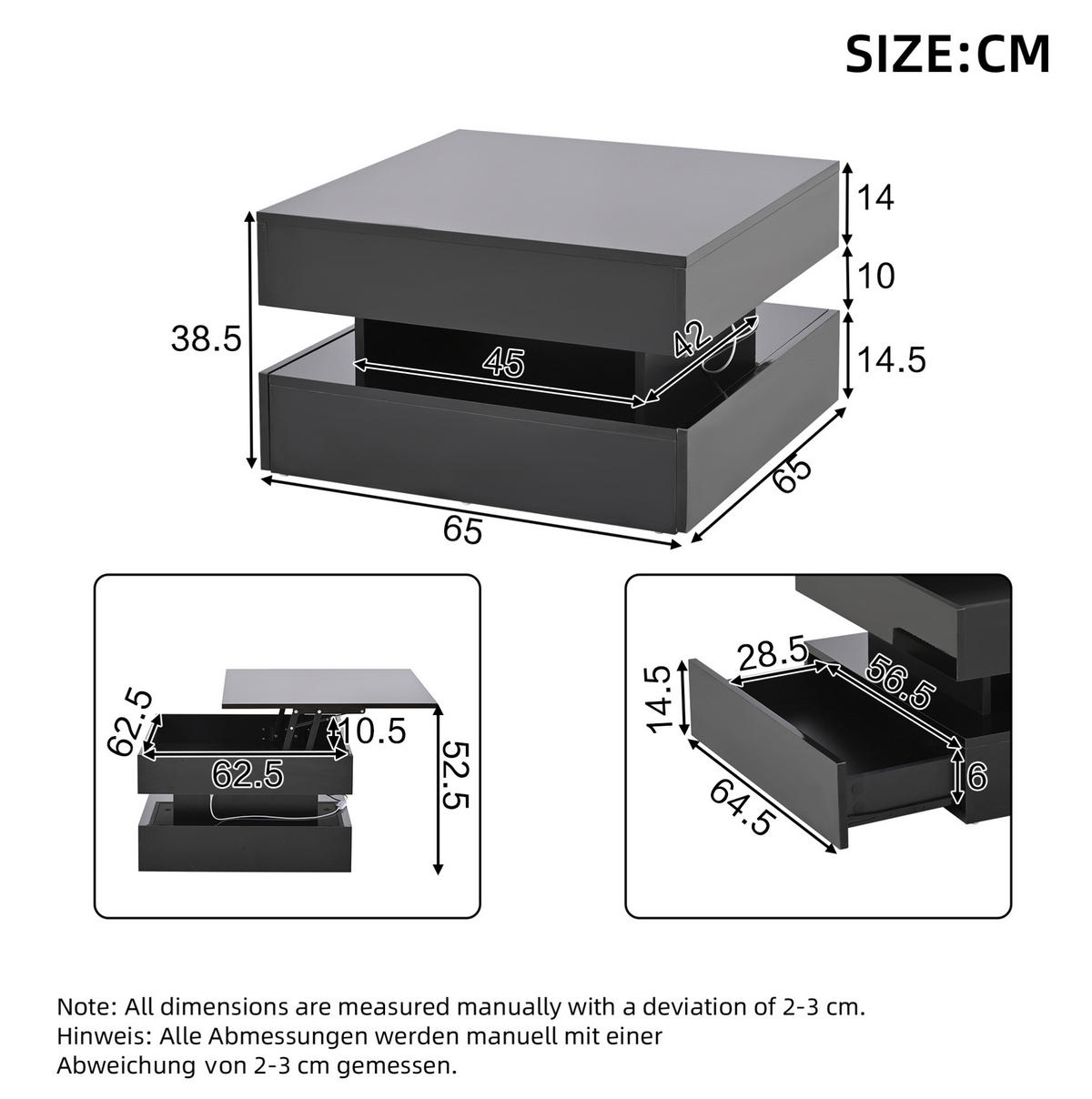 KONFERENČNÍ stolek 65/65/38,5 cm černý z dřevotřísky se zvedací deskou a LED osvětlením - černá, kompozitní dřevo (65/65/38.5cm) - OKWISH