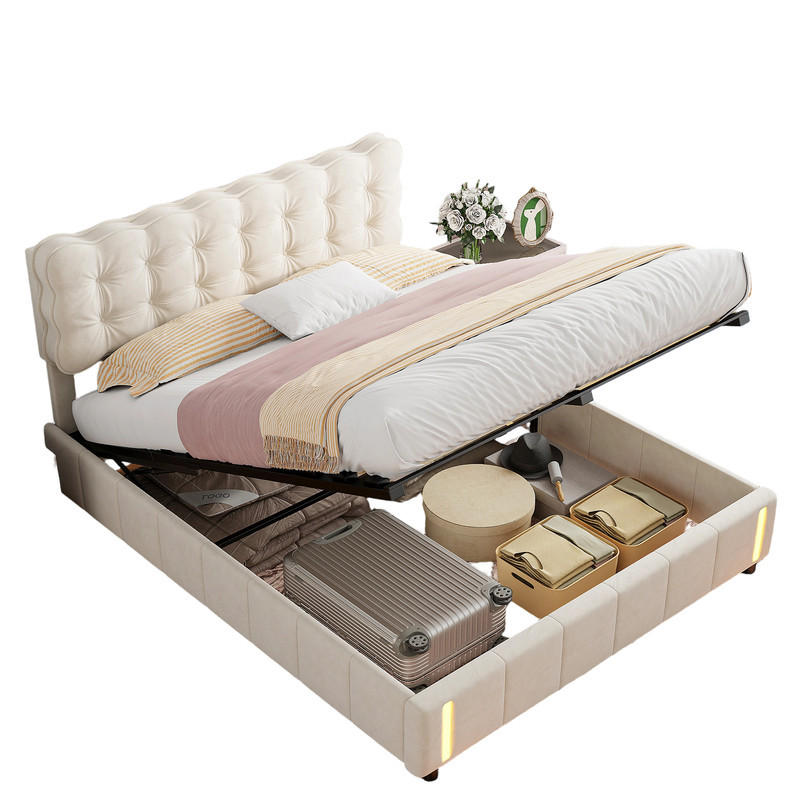 KLÄDD säng 160x200 beige sammet läslampa med hydraulisk sensor - Beige, Metall (160/200cm) - SHOPENTRA