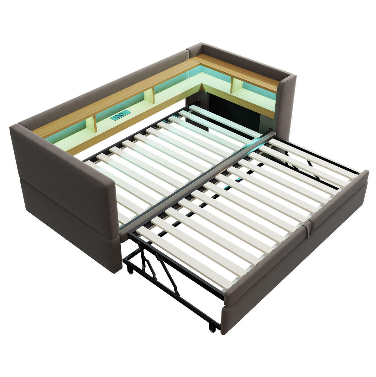 POLSTERBETT aus Flanell 90/180x190 cm Dunkelgrau mit LED-Beleuchtung, Steckdosen und Ablagefächern - Dunkelgrau, Textil (90/190cm) - Modfu