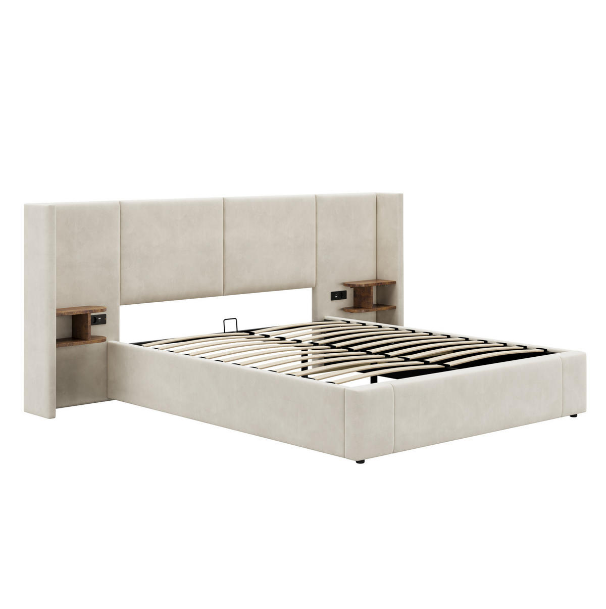 POLSTERBETT 160/200 cm mit USB-A, USB-C, Steckdosen, hydraulischem Stauraum und 2 Nachttischen aus Samt, Beige - Beige, Textil (160/200cm) - Redom