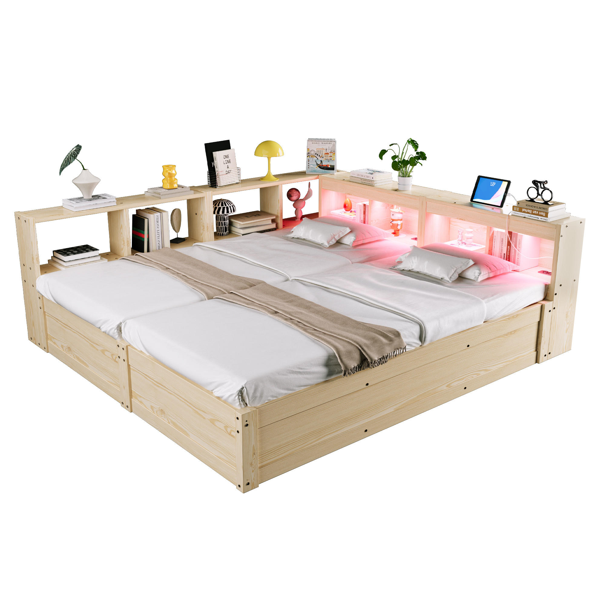BETT 90/180/200 cm aus MDF mit LED, Naturholz - Naturfarben, Holzwerkstoff (90/200cm) - OKMYHOME