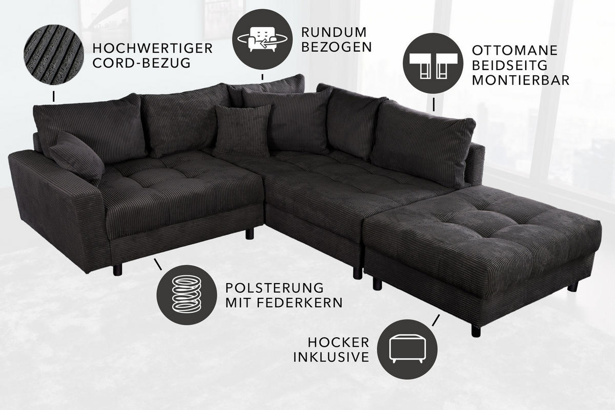 ECKSOFA KENT Cord Anthrazit 220 cm - Dunkelgrau/Schwarz, Kunststoff/Textil (220/190cm) - riess-ambiente