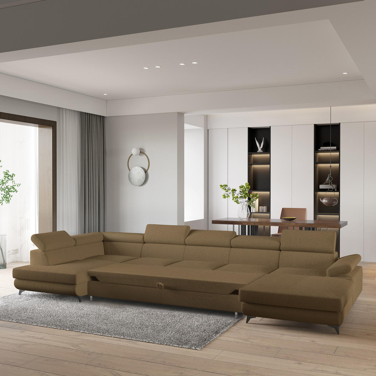 WOHNLANDSCHAFT MONTIVA Orange Boucle-Stoff mit Schlaffunktion - Orange, Holz (410/89/190cm) - MASSENO