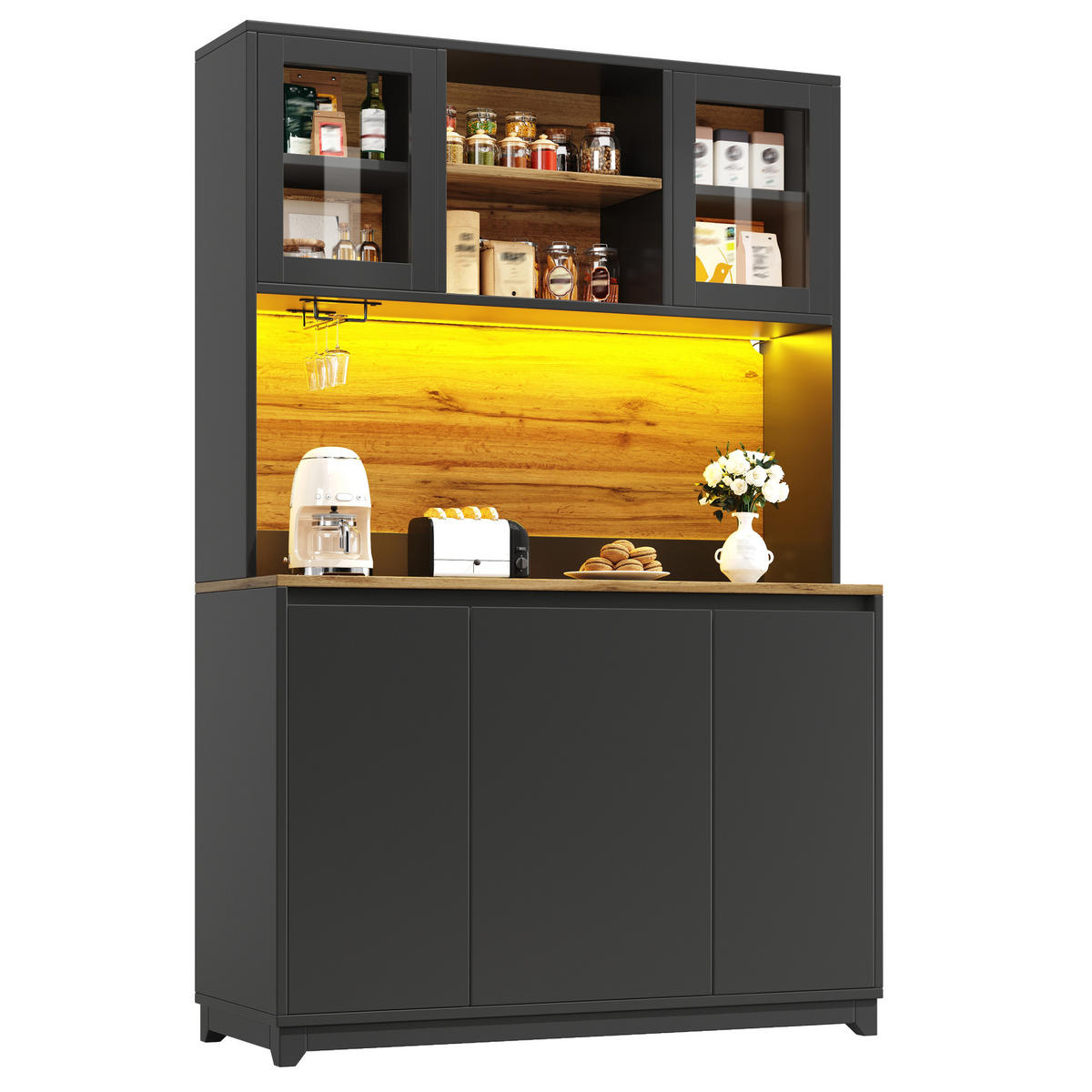 KÜCHENHOCHSCHRANK 120x40x180 cm, Acryltüren, LED-Beleuchtung, Glasaufhängung, Abfallfach, offene Fächer, Schwarz - Schwarz, Holzwerkstoff (120/180/40cm) - FOHERE