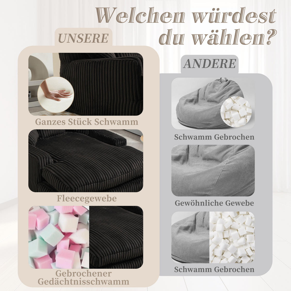 CHAISELONGUE Cord mit 3 Kissen bodennah und ohne Montage 125/155/63 cm Schwarz - Schwarz, Textil (63/125/155cm) - Redom
